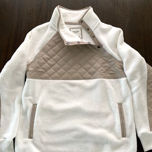 Abercrombie & Fitch white fleece snap-up pullover with tan leather detail NWT